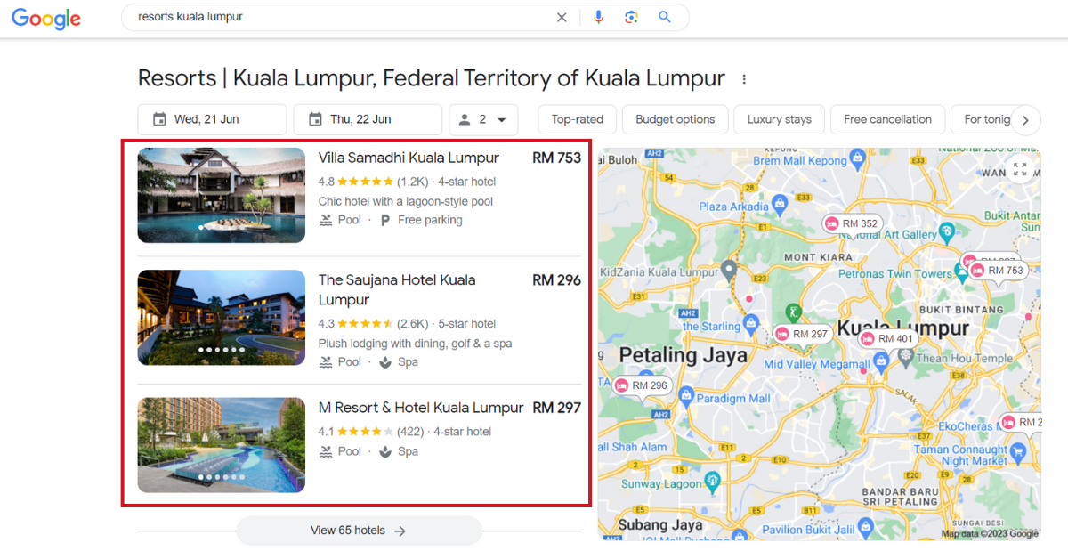 Google hotel search for resorts